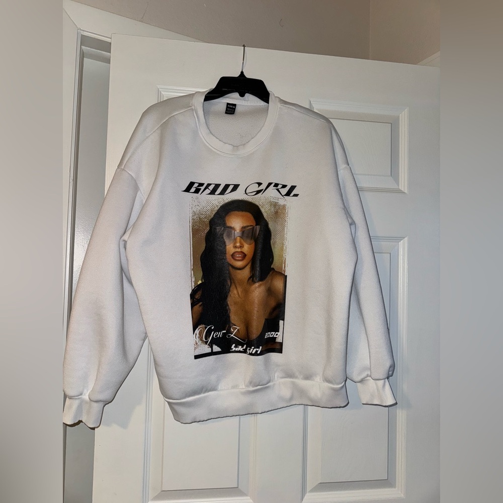 SHEIN white pull over “Bad girl” sweater
